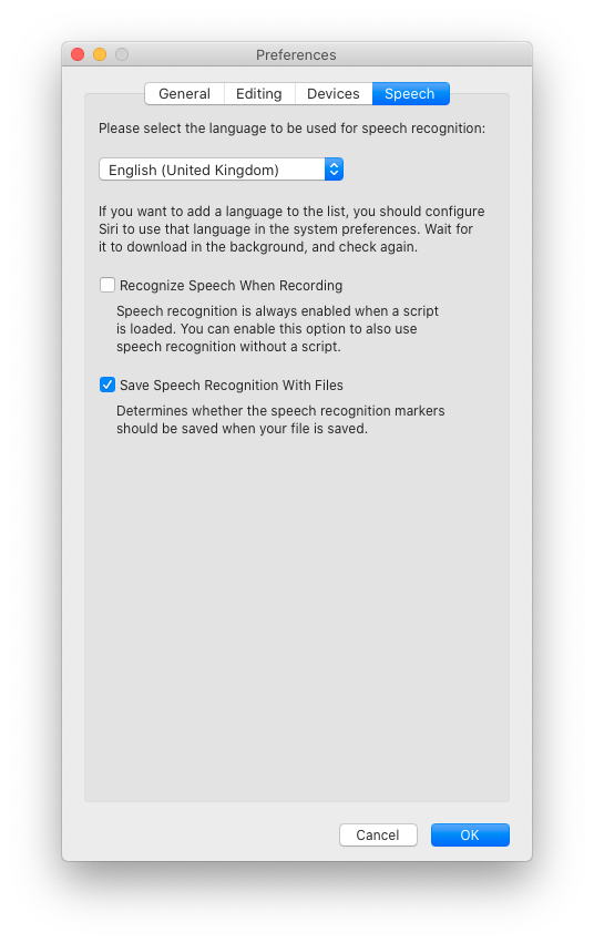 The Preferences Window (speech recognition\n settings)